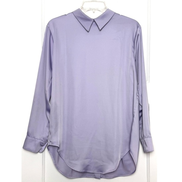 ROUCHA Lavender Satin Back Button Up Long Sleeve Double Collar Oversized Shirt S - Picture 2 of 7